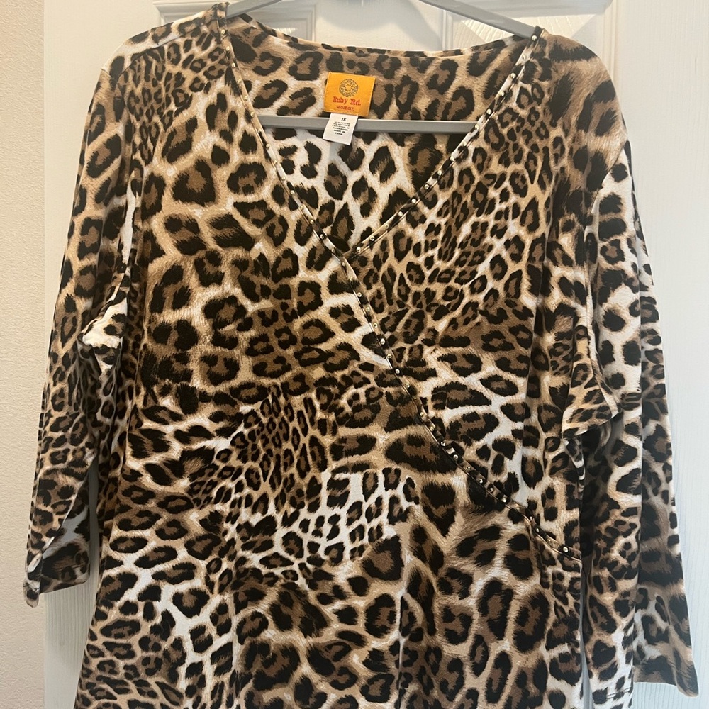 Ruby Rd. Leopard Print faux Wrap knit top in Brown and Cream